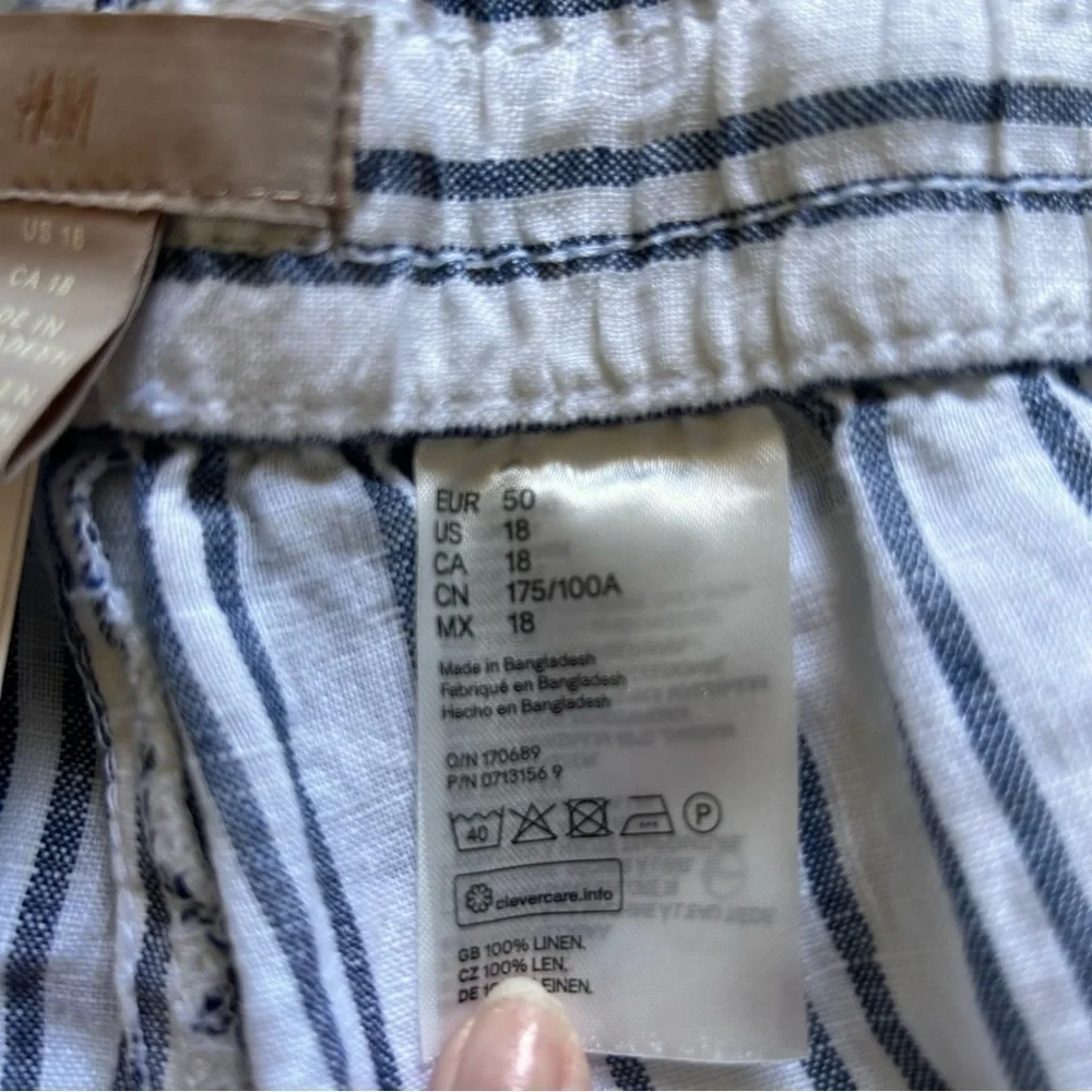 H&M 100% Linen Stripe Drawstring waist Pants Women size 18 NWT